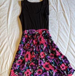 Floral pink and black summer dress, pink dress